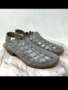 Rieker Sina Gray Two Tone Woven Leather Slingback Mules 40 Comfy Lagenlook Artsy